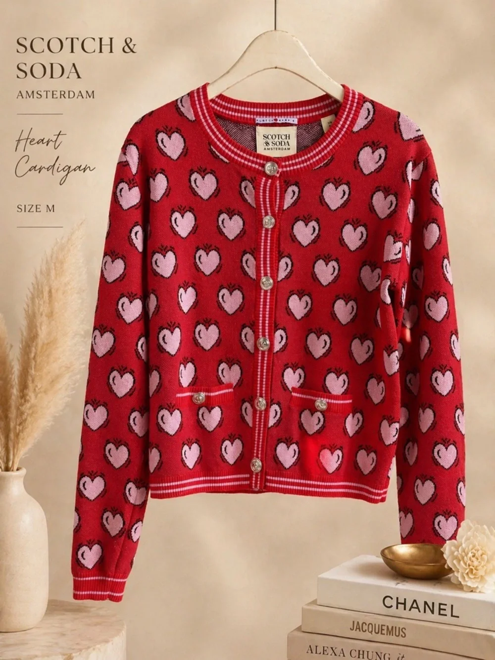 Scotch & Soda Heart Cardigan Red Pink Knit Sweater Size M Amsterdam Cute Preppy - Picture 2 of 6